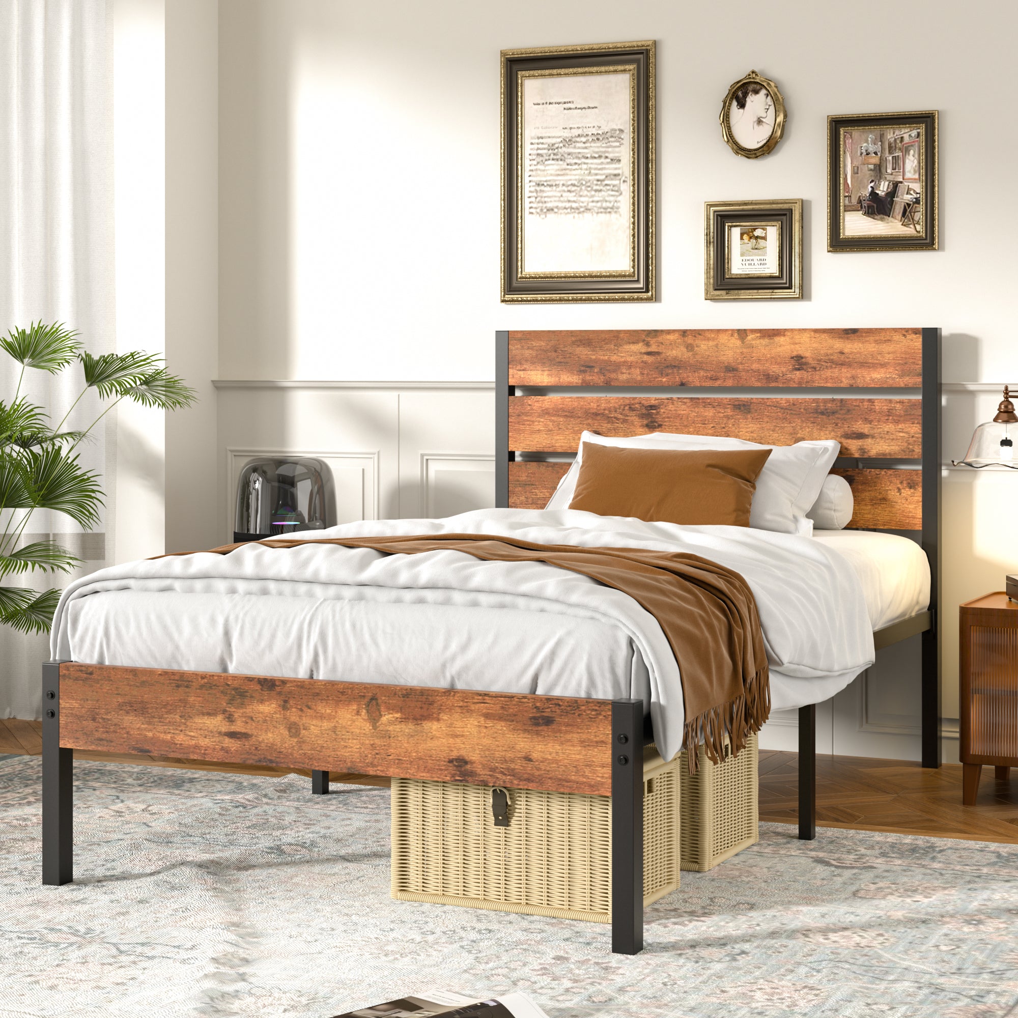 VECELO Platform Bed Frame with Rustic Vintage Wood Headboard/Strong Metal Slats Support