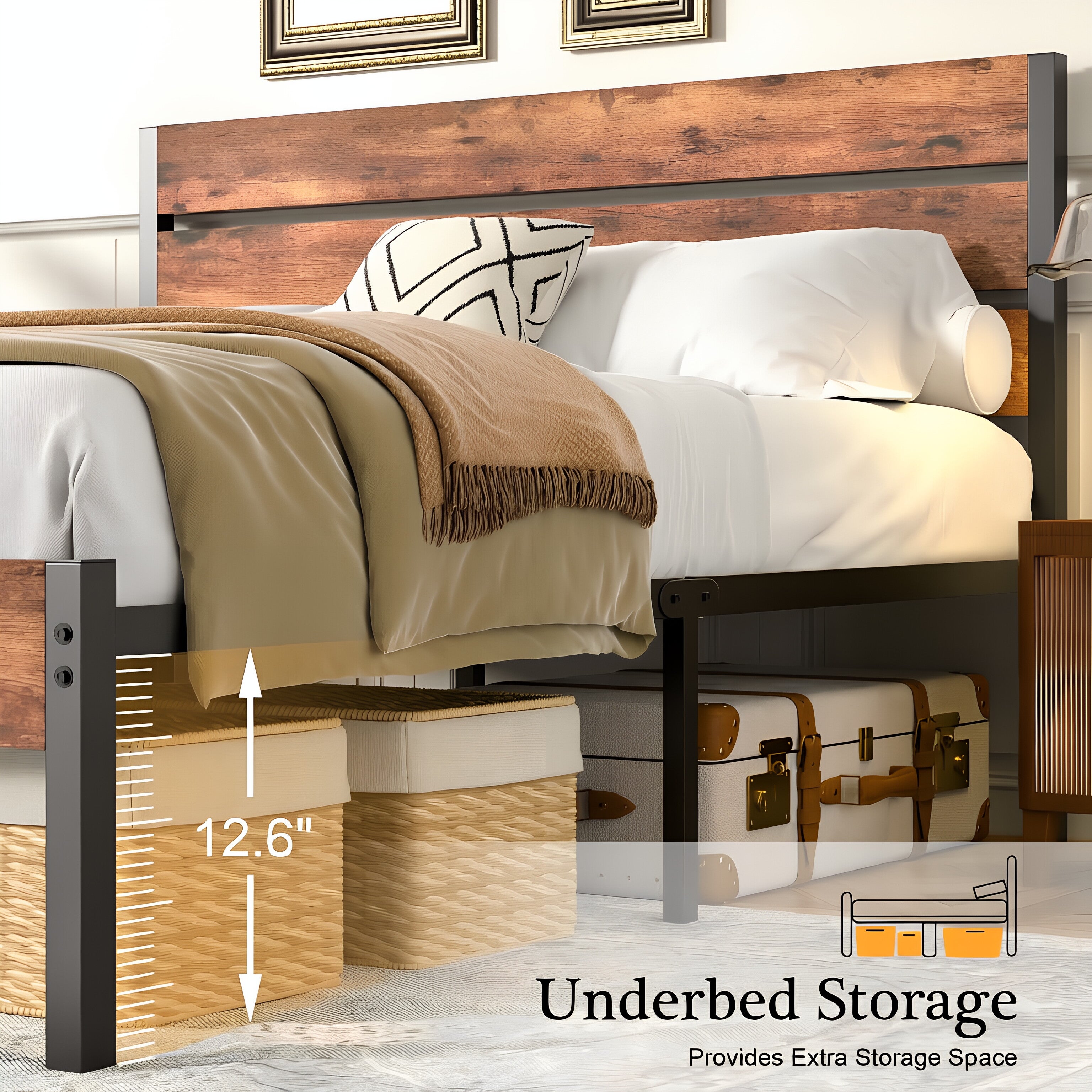 VECELO Platform Bed Frame with Rustic Vintage Wood Headboard/Strong Metal Slats Support