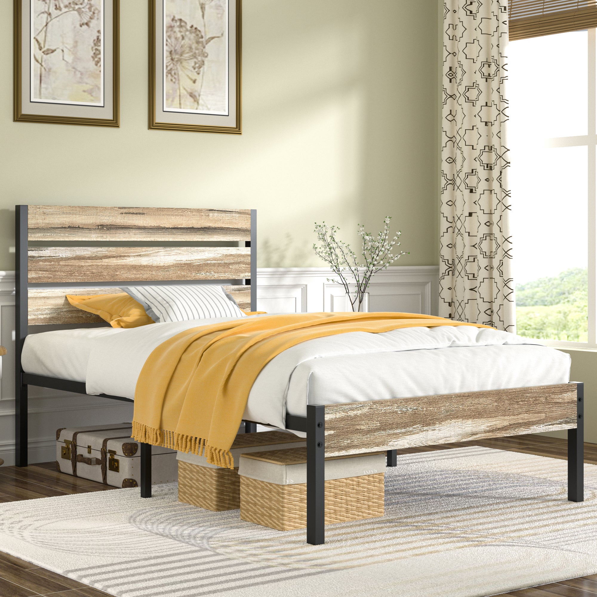 VECELO Platform Bed Frame with Rustic Vintage Wood Headboard/Strong Metal Slats Support
