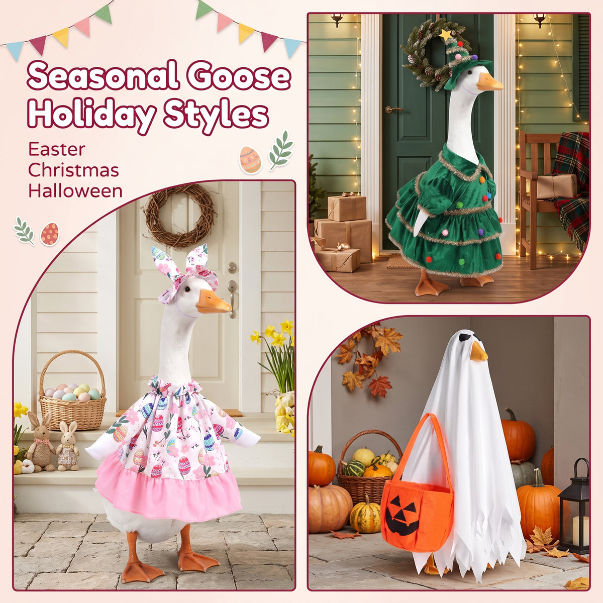 VECELO All Season Holiday Porch Goose Outfits Set of 8 23 inch