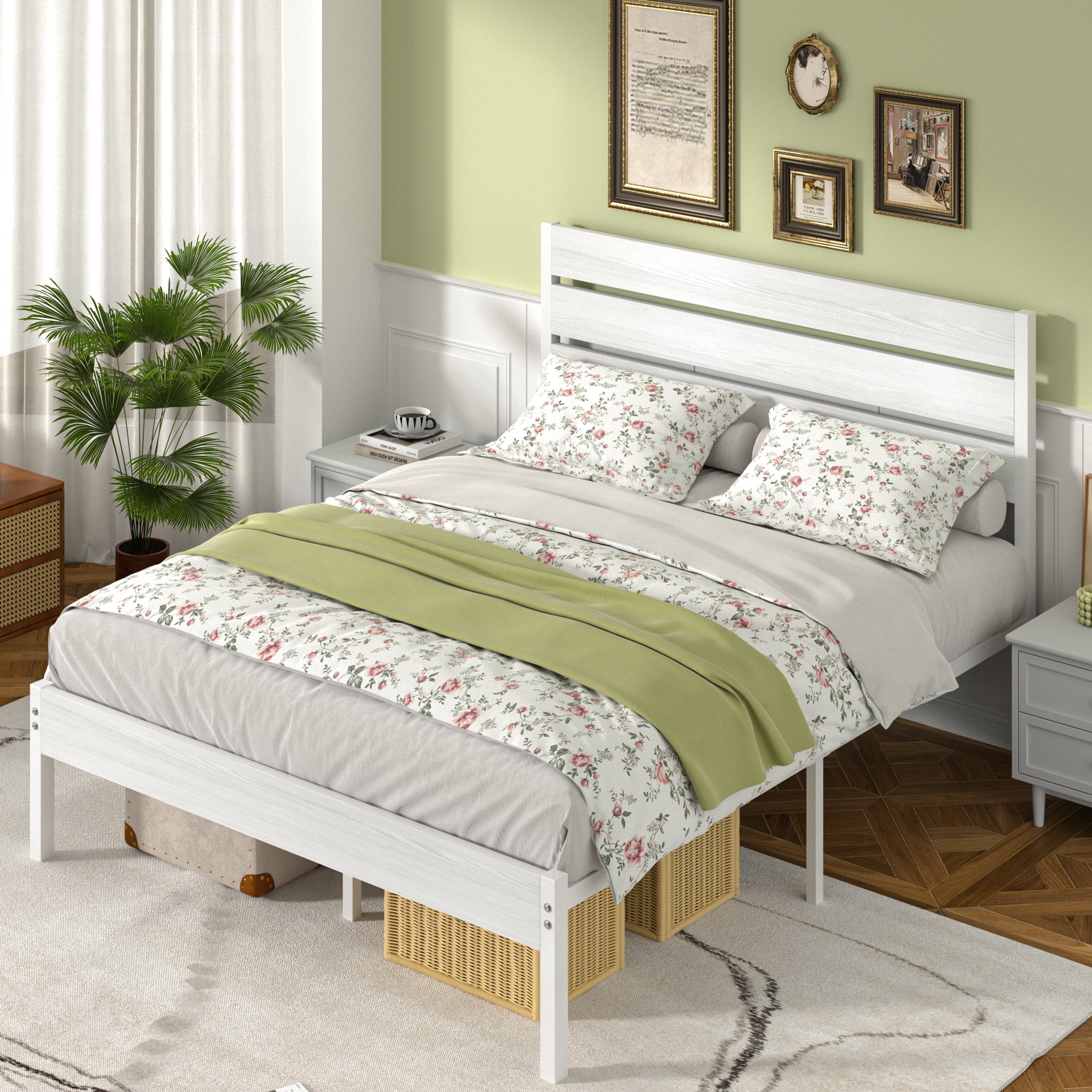 VECELO Platform Bed Frame with Rustic Vintage Wood Headboard/Strong Metal Slats Support