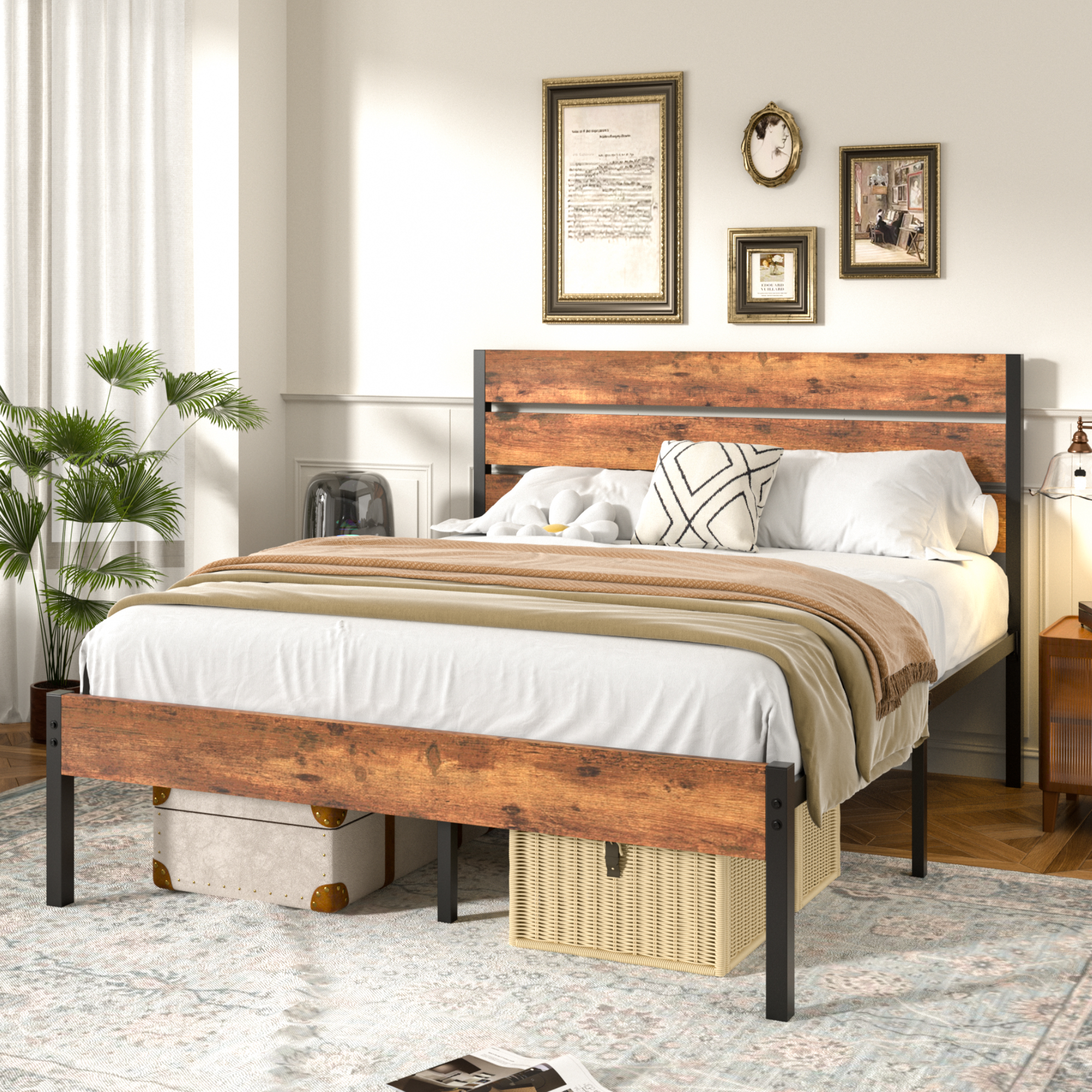 VECELO Platform Bed Frame with Rustic Vintage Wood Headboard/Strong Metal Slats Support