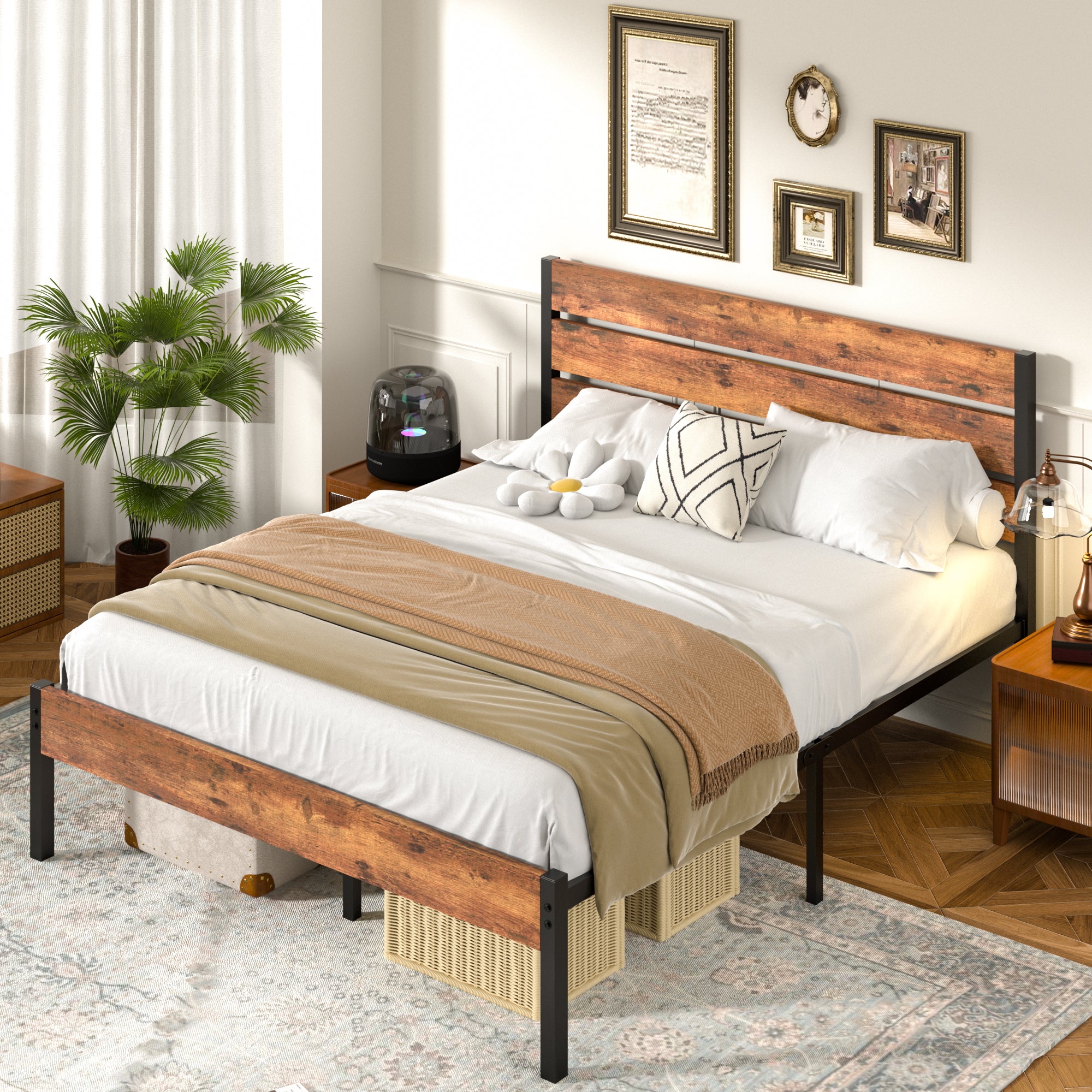 VECELO Platform Bed Frame with Rustic Vintage Wood Headboard/Strong Metal Slats Support