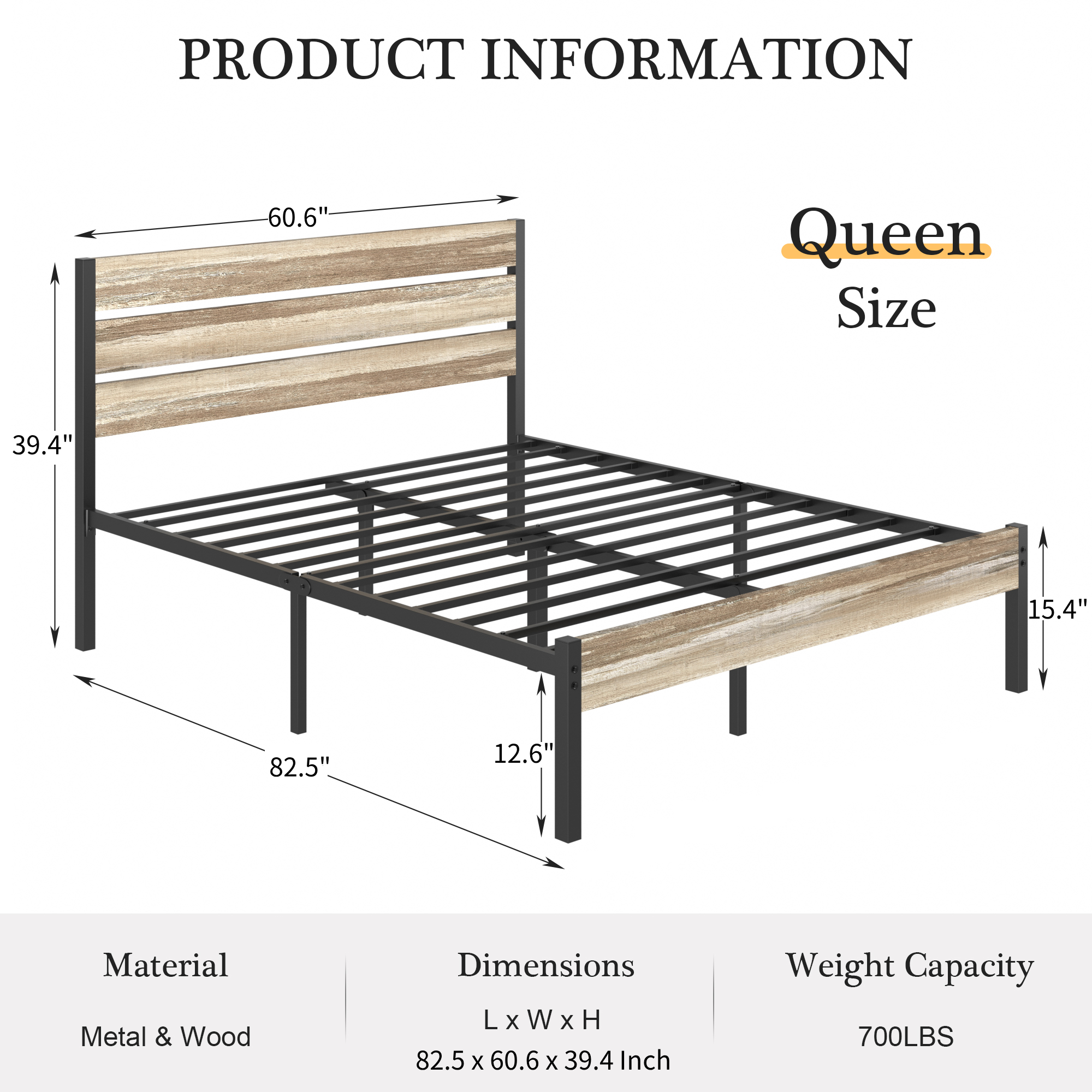 VECELO Platform Bed Frame with Rustic Vintage Wood Headboard/Strong Metal Slats Support