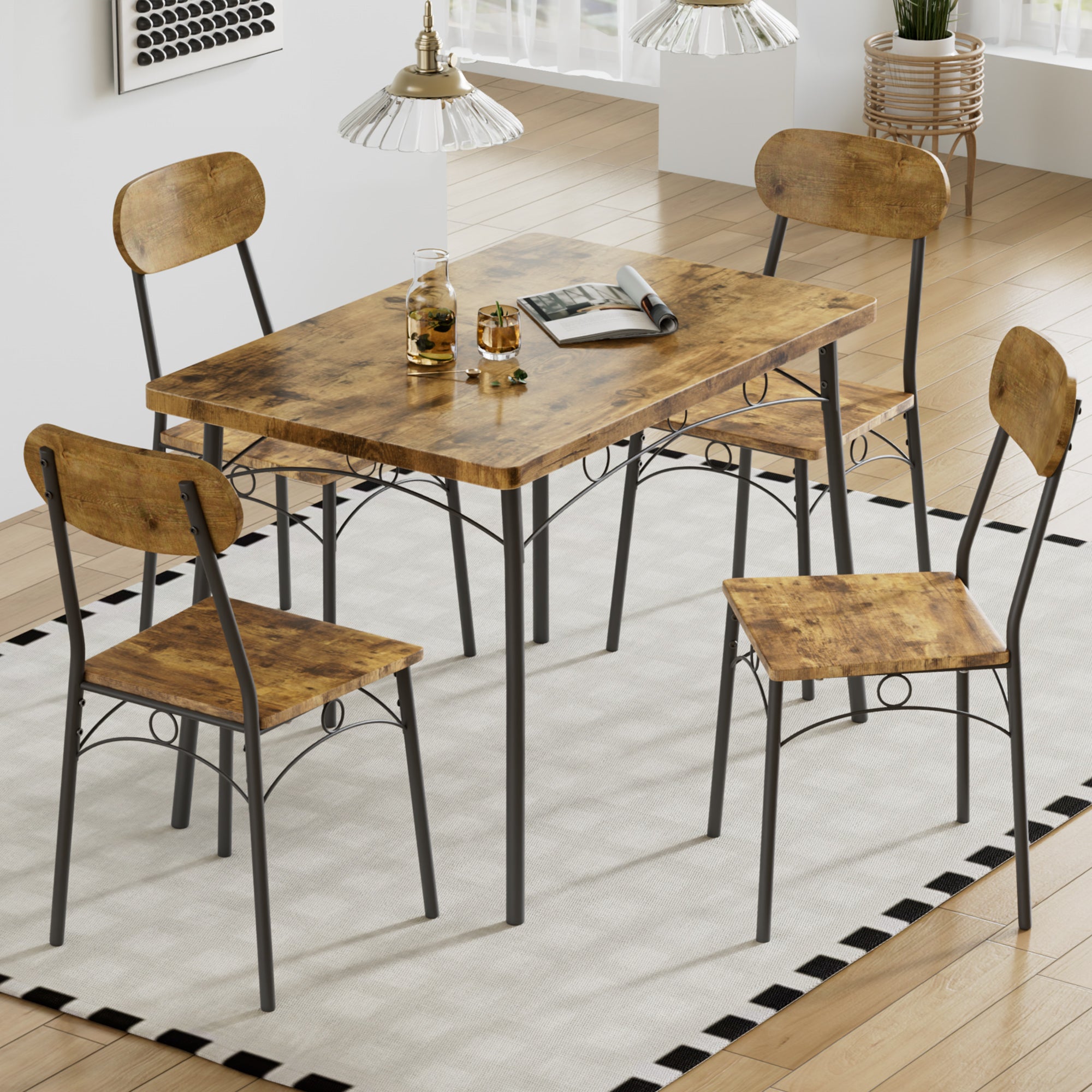 VECELO Farmhouse Style 5 Piece Dining Table Set Metal and Wood Rectangular Table with 4 Chairs - VECELO