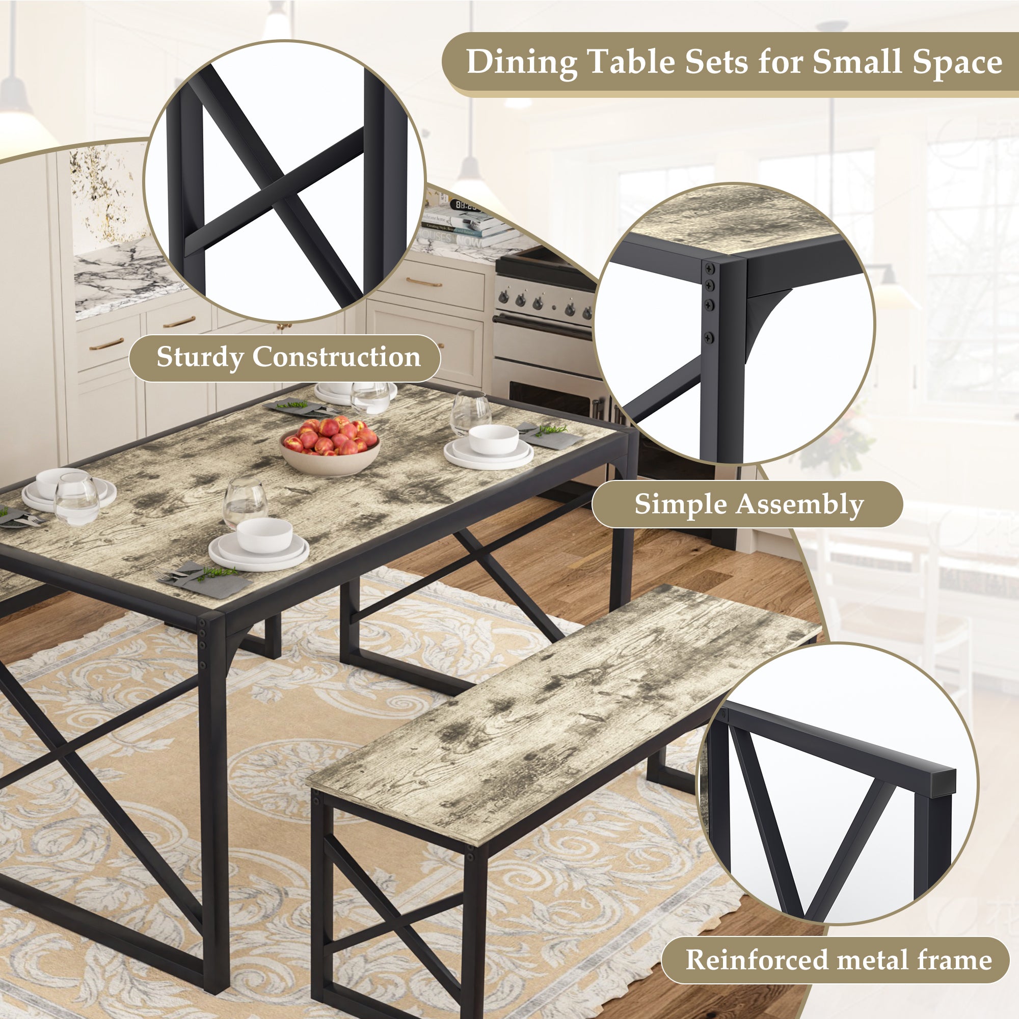 VECELO Kitchen Table with 2 Benches for 4 - VECELO