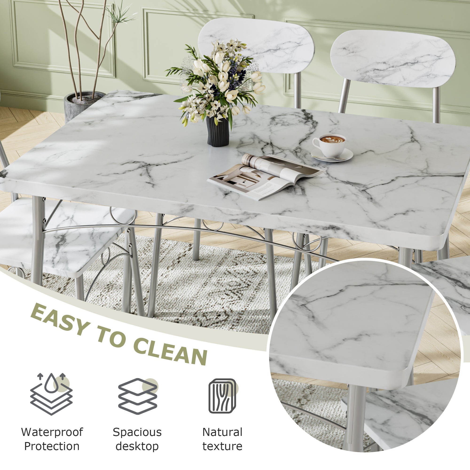 VECELO Farmhouse Style 5 Piece Dining Table Set Metal and Wood Rectangular Table with 4 Chairs - VECELO