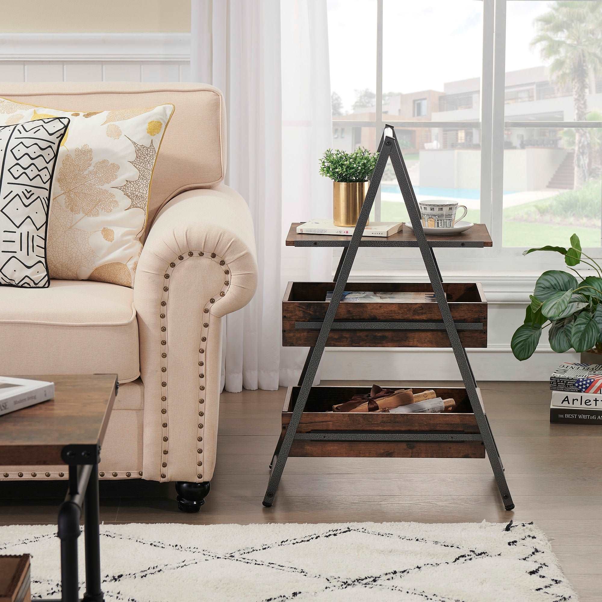 VECELO 3-Tier Industrial Versatile End Side/Sofa/Snack Table Nightstands with Large Storage For Living Room - VECELO