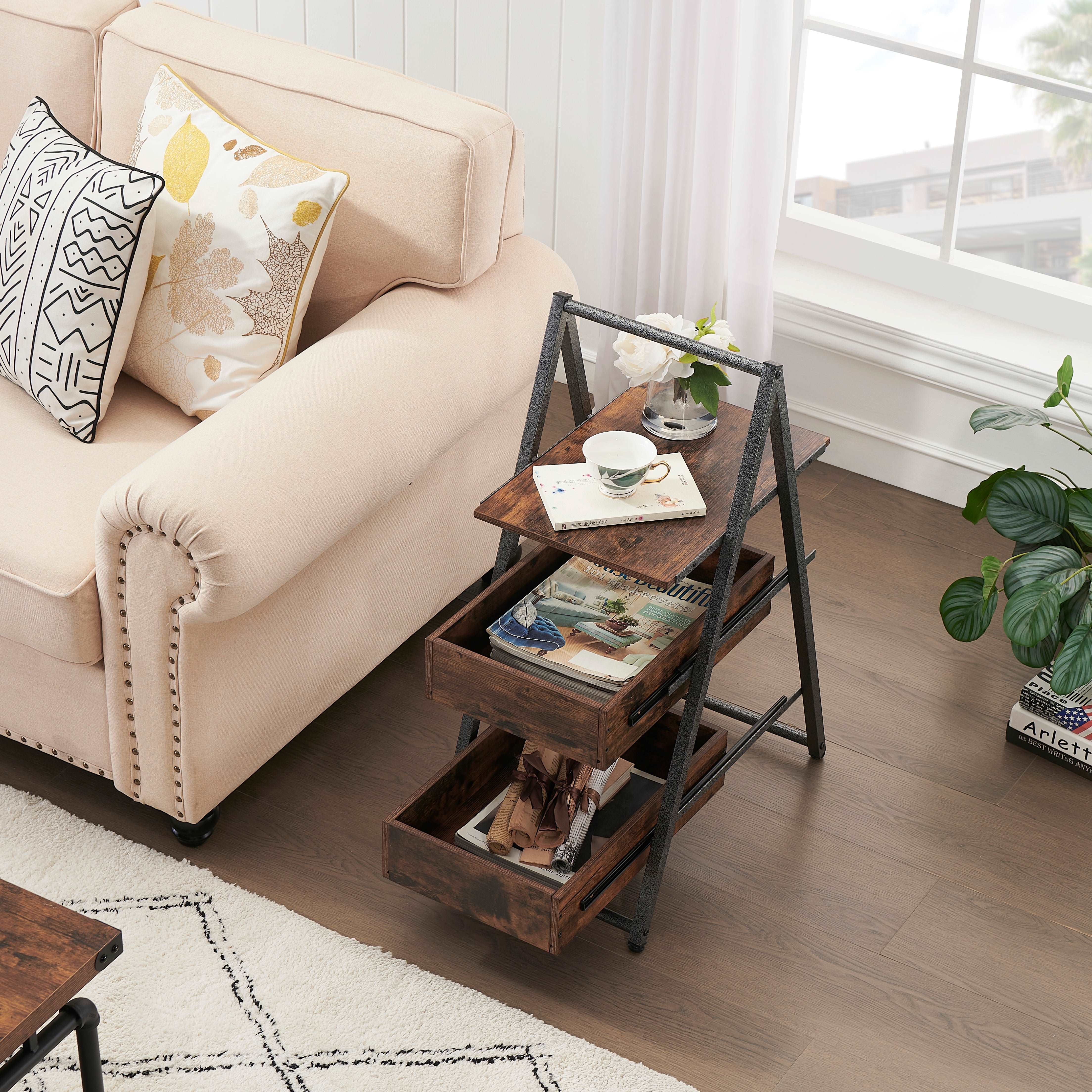 VECELO 3-Tier Industrial Versatile End Side/Sofa/Snack Table Nightstands with Large Storage For Living Room - VECELO