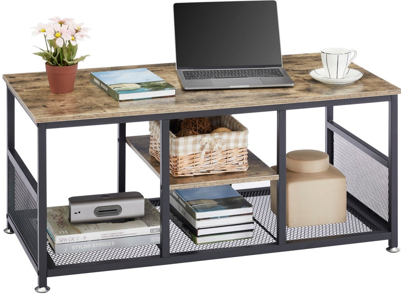 VECELO 39.4 Inch TV Stand/Coffee Table with Storage and Mesh Shelf for