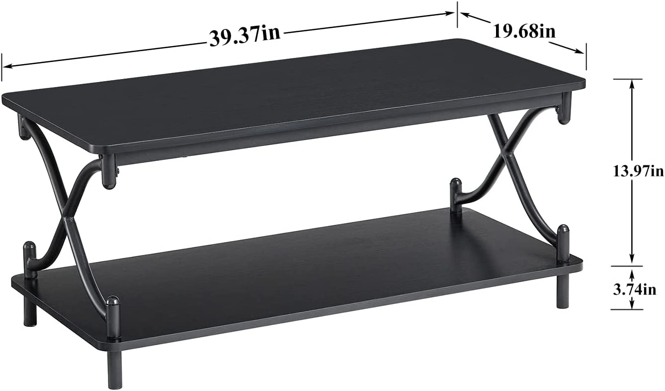 VECELO Coffee Table with Storage and Open Shelves for Living Room X-Shape Frame