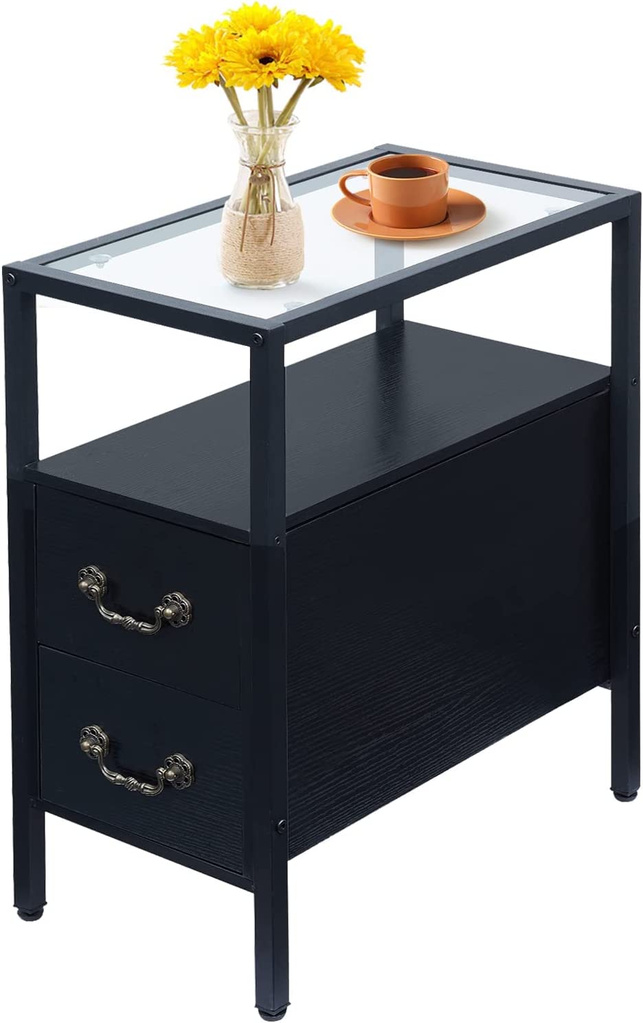 VECELO Narrow End Side Table/Nightstand with 2 Drawers & Open Shelf & Tempered Glass Top