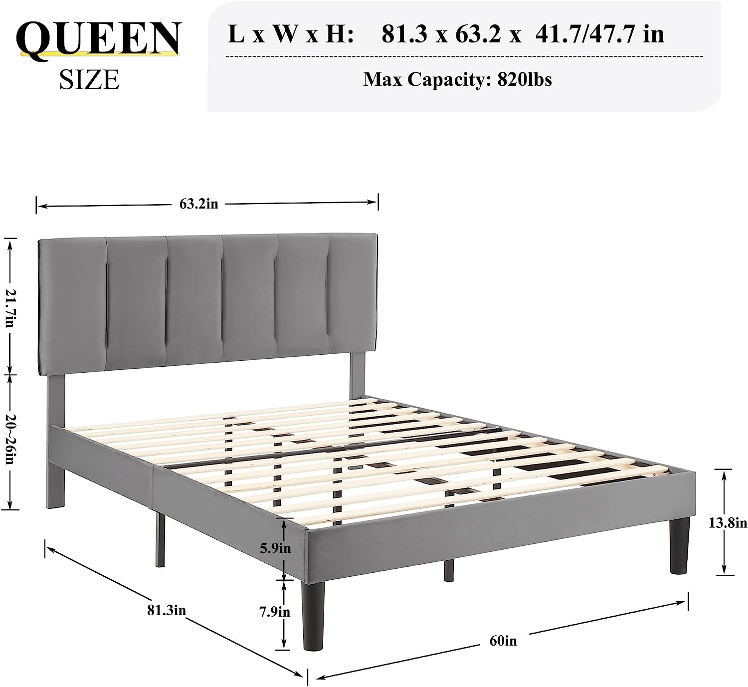 VECELO Modern Upholstered Platform Bedframe, Adjustable Headboard
