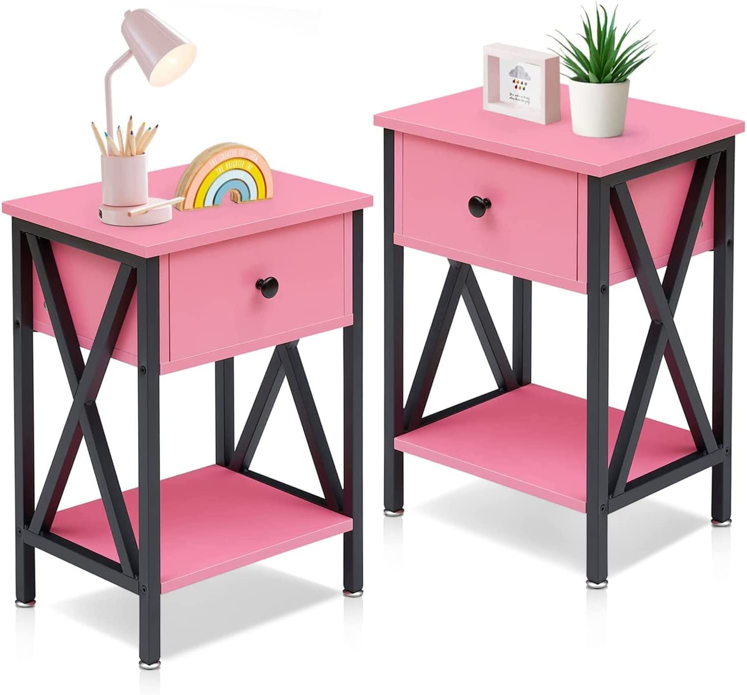 VECELO Night Stands Bedside End Table X-Design with Drawer&Storage Shelf for Living Room Bedroom, Nightstand with Drawer