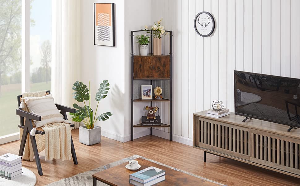 VECELO 5 Tier Corner Storage Cabinet with Wooden Shelves Free-Standing Organizer - VECELO