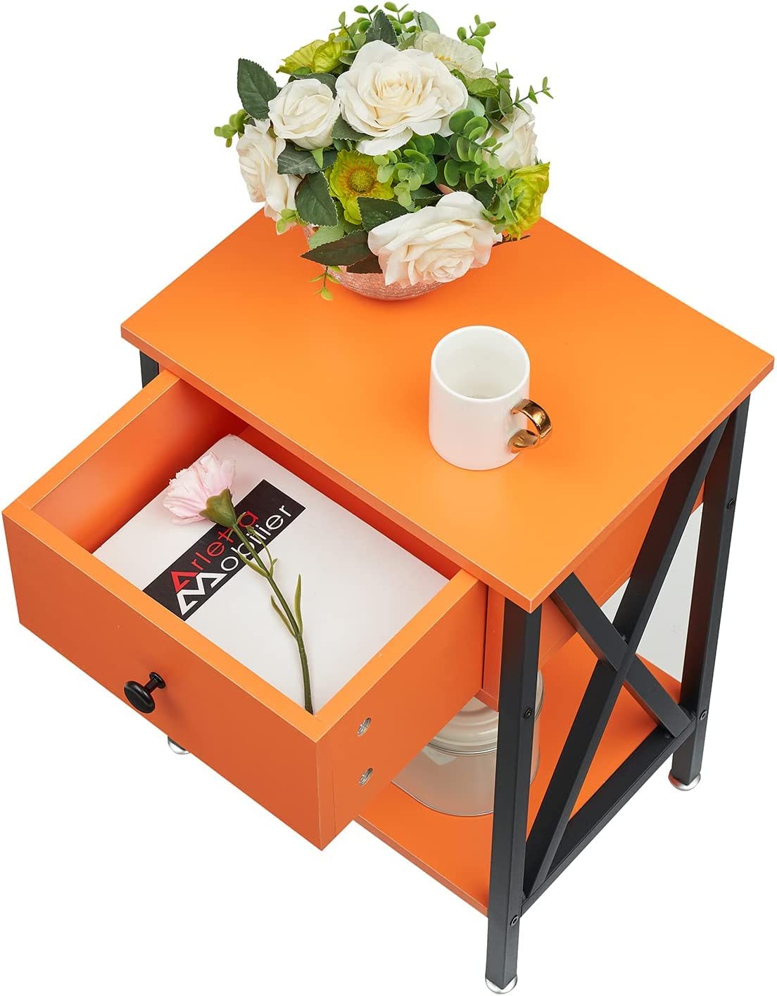 VECELO Night Stands Bedside End Table X-Design with Drawer&Storage Shelf for Living Room Bedroom, Nightstand with Drawer