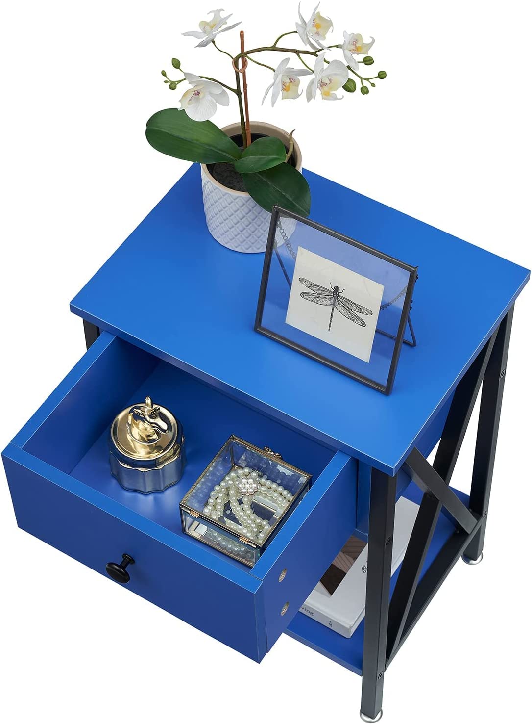 VECELO Night Stands Bedside End Table X-Design with Drawer&Storage Shelf for Living Room Bedroom, Nightstand with Drawer