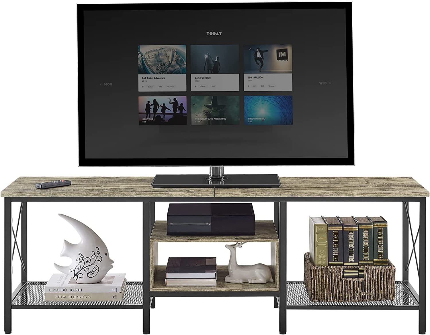 VECELO Industrial TV Stand Television Cabinet 3-Tier Console with Open Storage Shelves, Entertainment Center with Metal Frame for Living Room