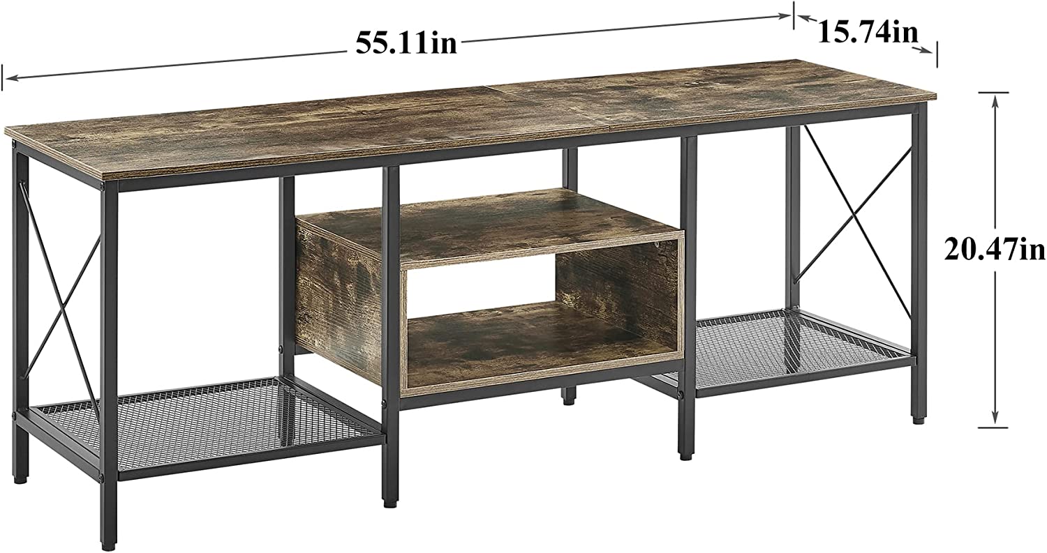 VECELO Industrial TV Stand Television Cabinet 3-Tier Console with Open Storage Shelves, Entertainment Center with Metal Frame for Living Room