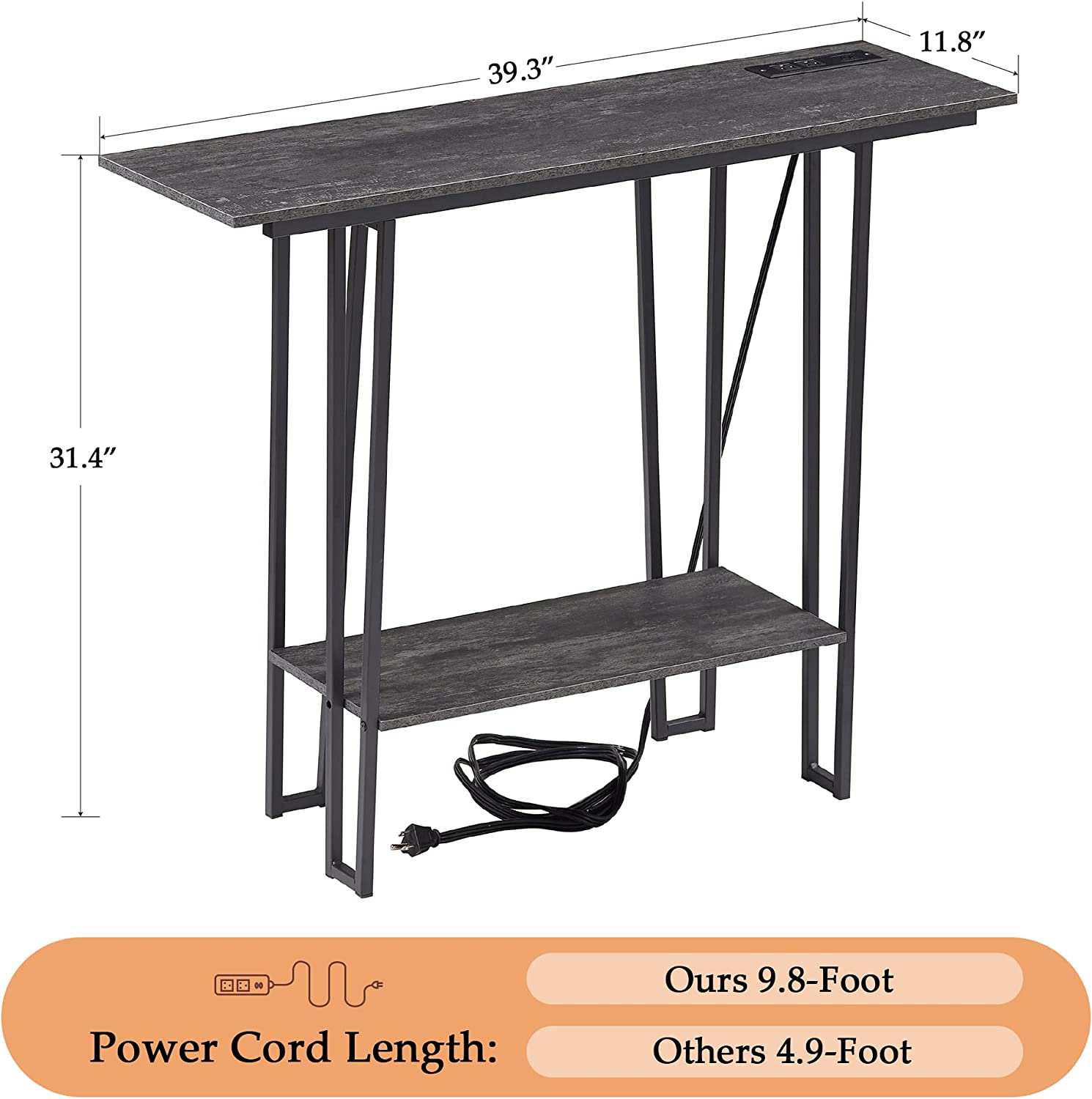VECELO Couch Side & Console Table with 2 Outlets & 2 USB Ports