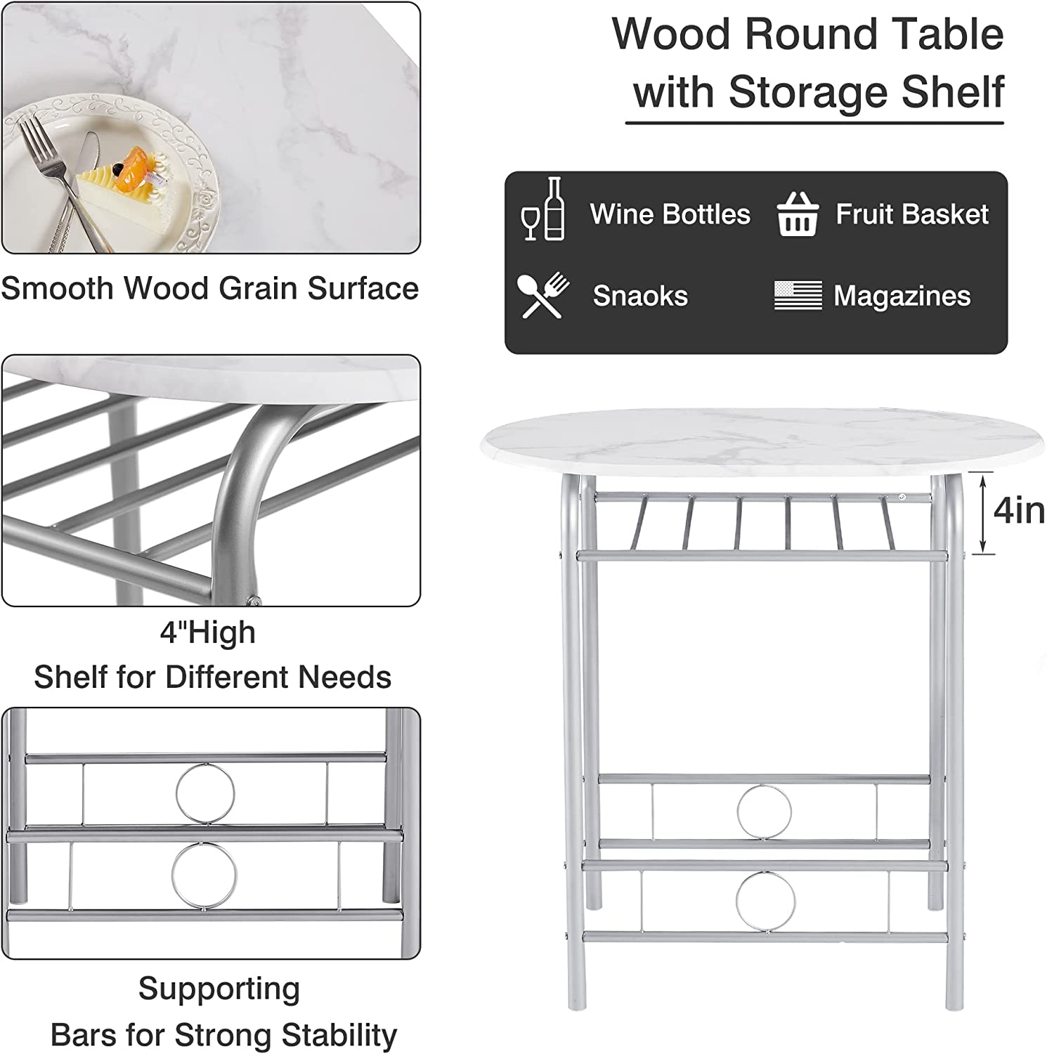 VECELO 3 Piece Wood Round Table & Chair Set with Wine Storage Rack for Dining Room Kitchen Bar Breakfast - VECELO