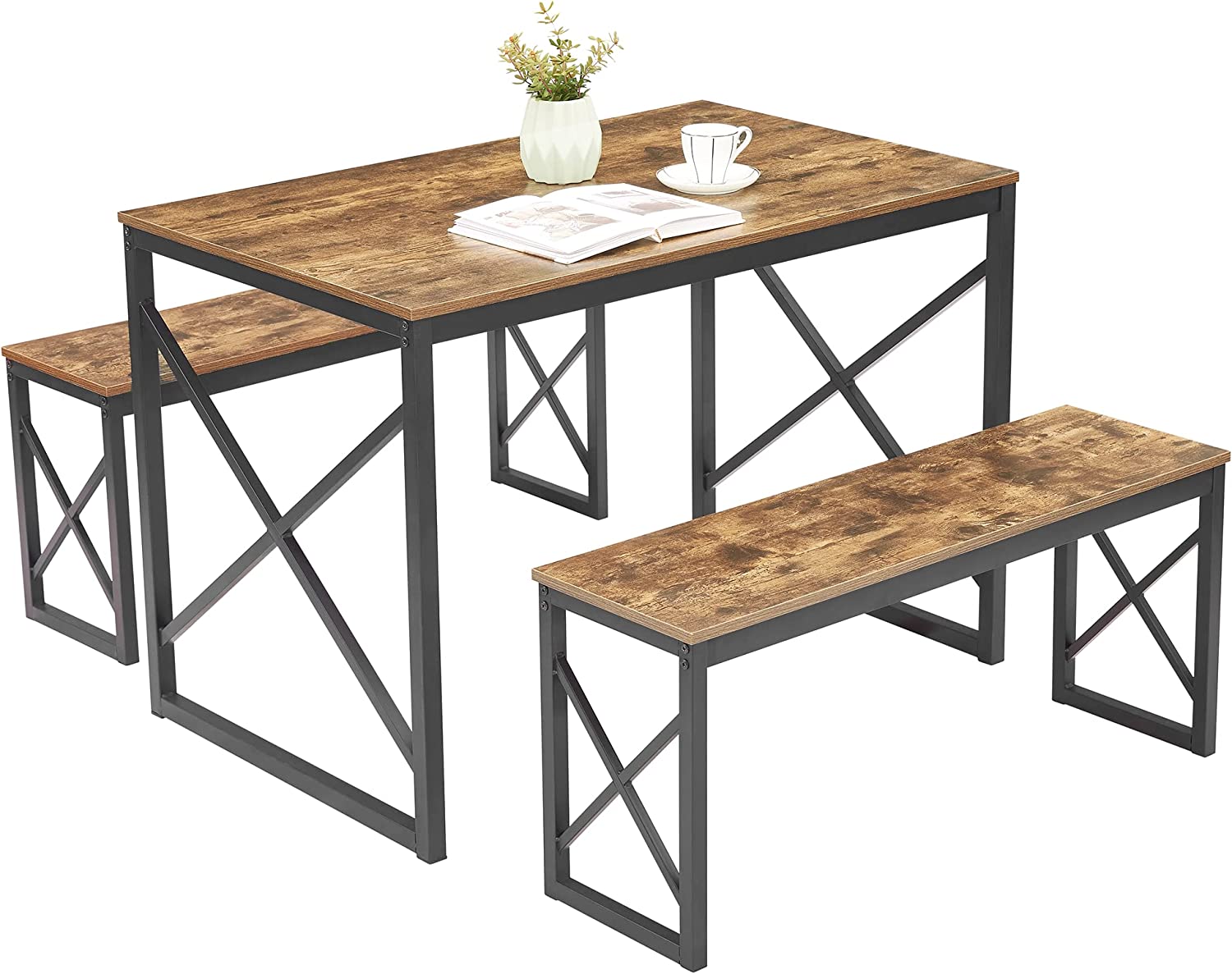 VECELO Kitchen Table with 2 Benches for 4