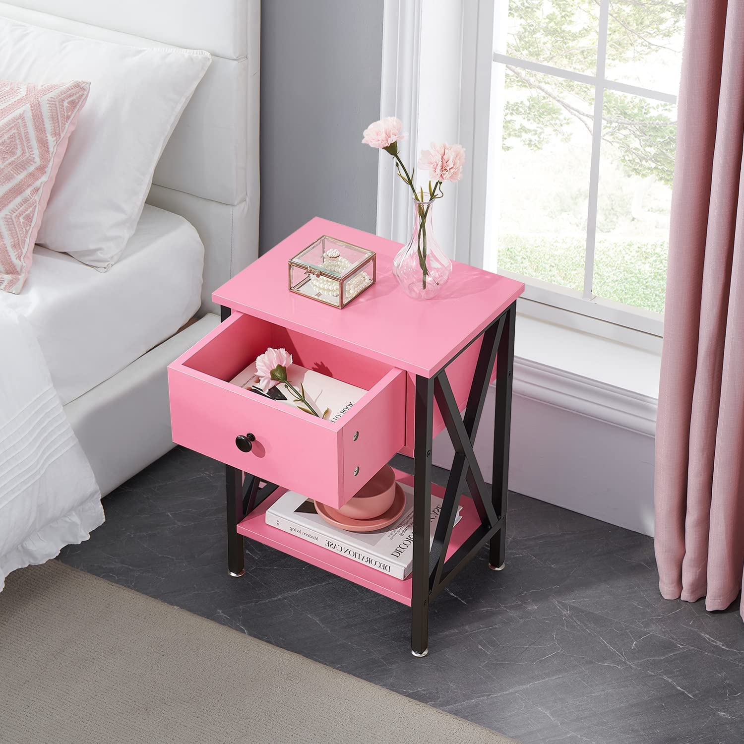 VECELO Night Stands Bedside End Table X-Design with Drawer&Storage Shelf for Living Room Bedroom, Nightstand with Drawer