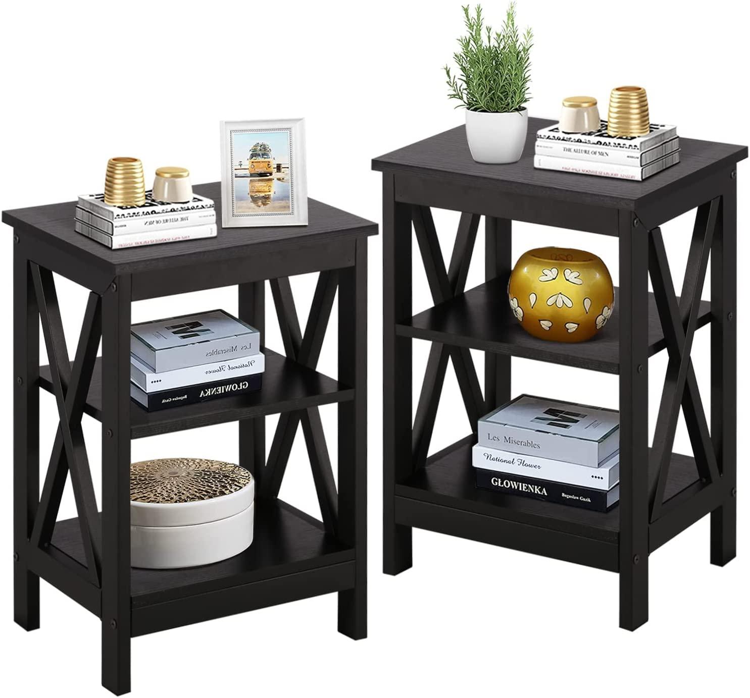 Modern Nightstand/Side End Table with X-Design Frame & 3-Tiers Open Storage Shelf