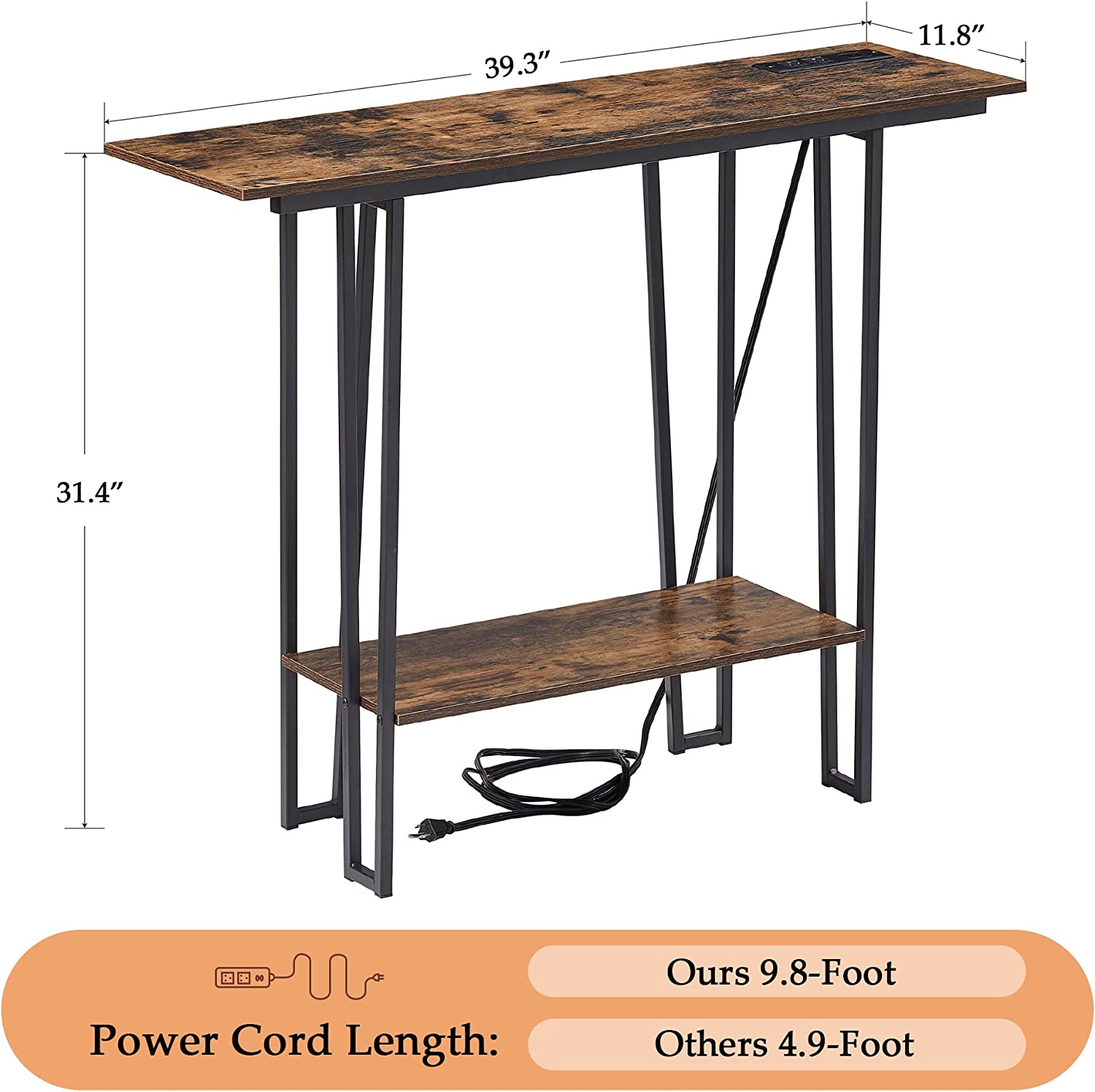 VECELO Couch Side & Console Table with 2 Outlets & 2 USB Ports