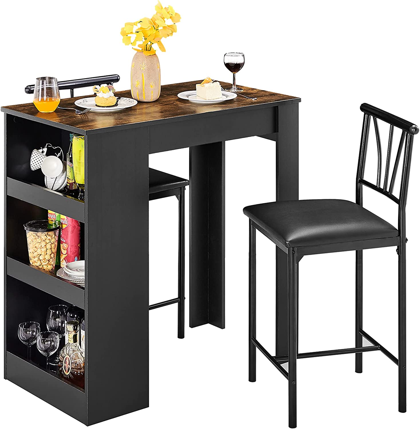 VECELO Small Bar Table and Chairs Tall Kitchen Breakfast Nook with Sto