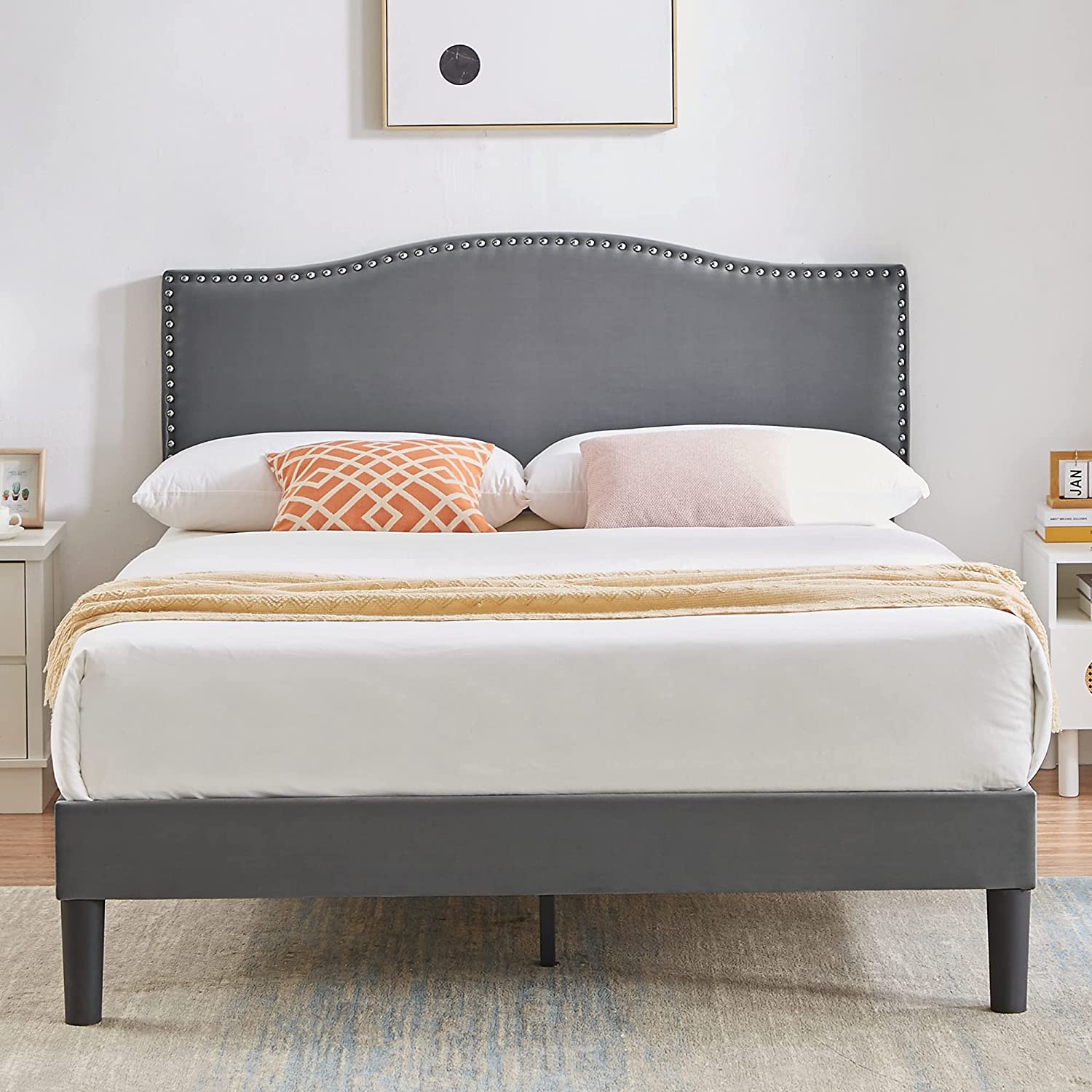 VECELO Bed Frame Platform with Upholstered Headboard & Wooden Slats Support - VECELO