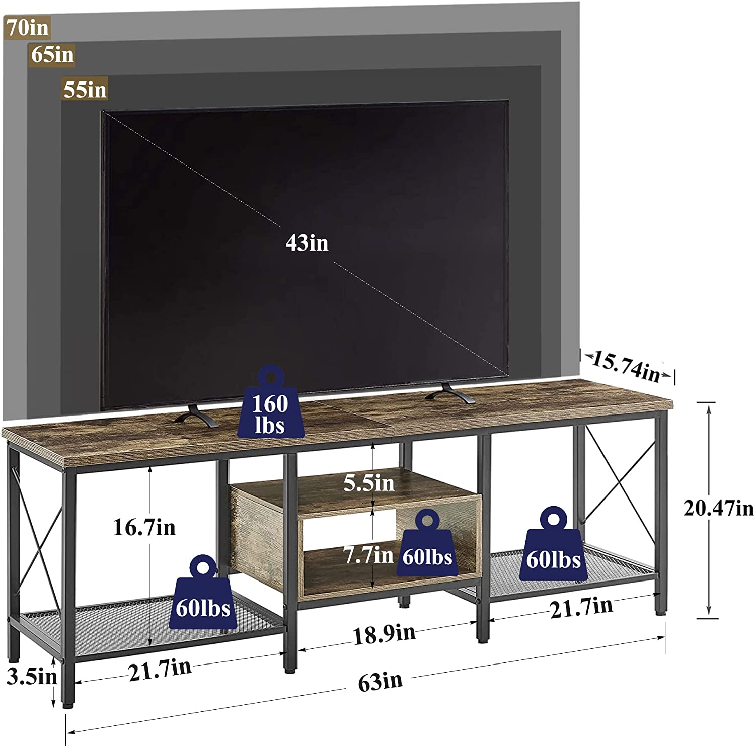 VECELO Industrial TV Stand Television Cabinet 3-Tier Console with Open Storage Shelves, Entertainment Center with Metal Frame for Living Room