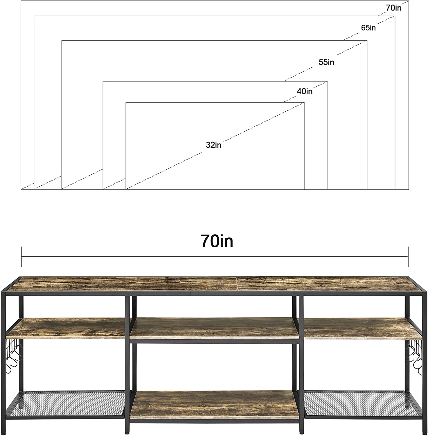 VECELO TV Stand Entertainment Center Media Console with 3-Tier Open Storage Shelves, Cabinet Table for Living Room Brown
