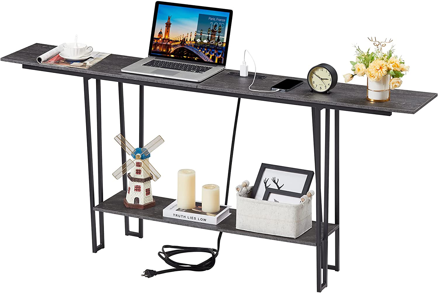 VECELO Couch Side & Console Table with 2 Outlets & 2 USB Ports