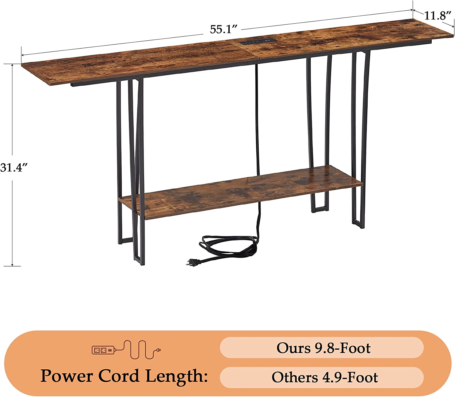 VECELO Couch Side & Console Table with 2 Outlets & 2 USB Ports
