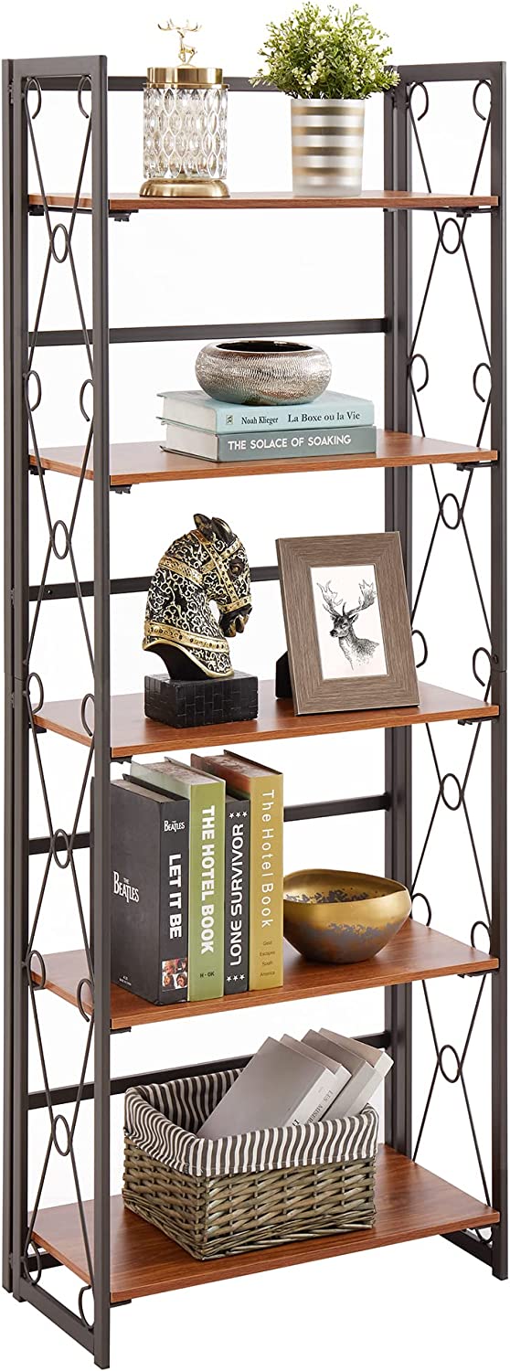 VECELO Bookshelf No Assembly, 5 Shelf Folding Bookcase, Book Shelves Organizer