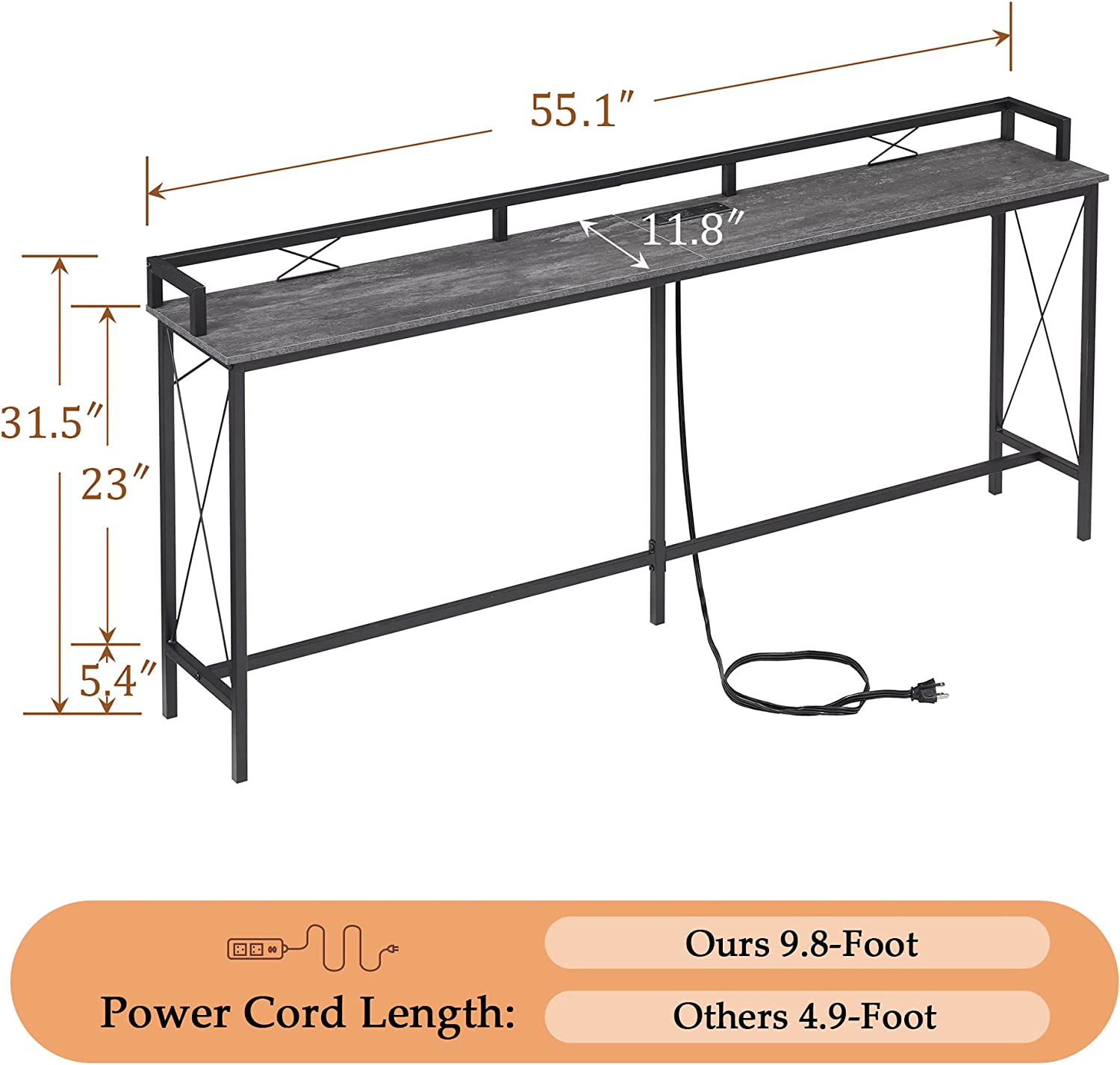 VECELO Extra Long Entryway Narrow Sofa Couch Behind Console Table with Power Outlet & USB Ports
