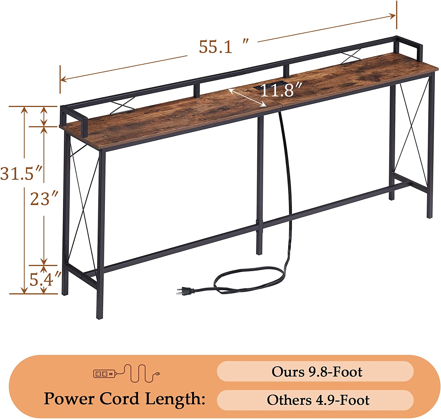 VECELO Extra Long Entryway Narrow Sofa Couch Behind Console Table with Power Outlet & USB Ports