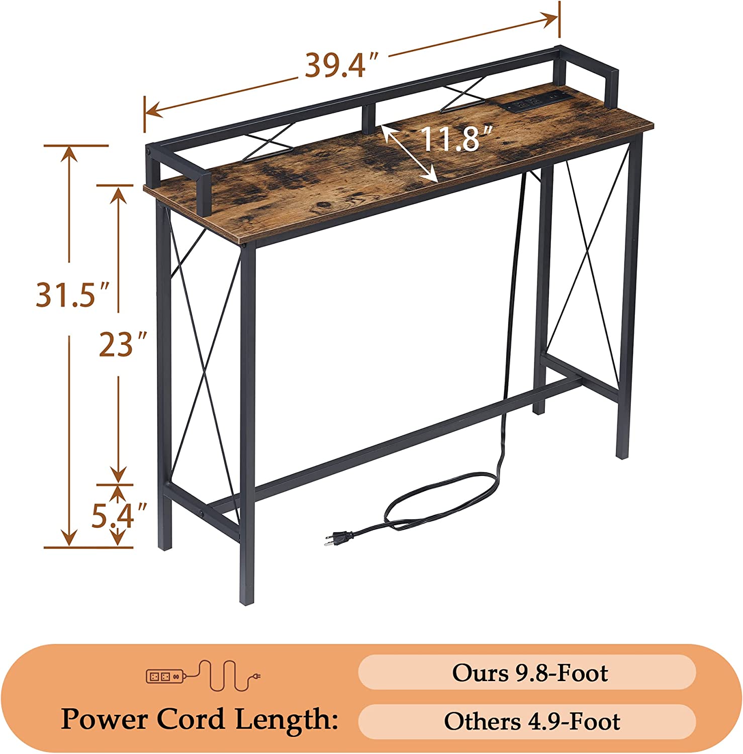VECELO Extra Long Entryway Narrow Sofa Couch Behind Console Table with Power Outlet & USB Ports