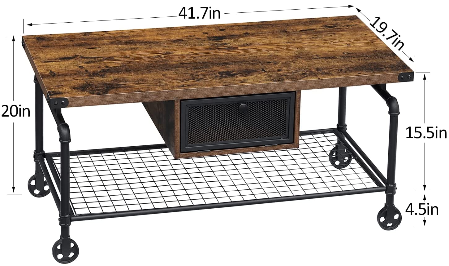 Industrial Coffee Sofa Table with Storage Shelves and Drawer