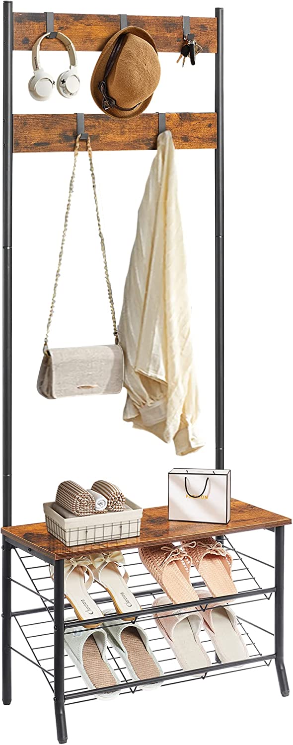 VECELO Entryway Coat Rack with Tier Shoe Rack, 71 Inch Hall Trees wi