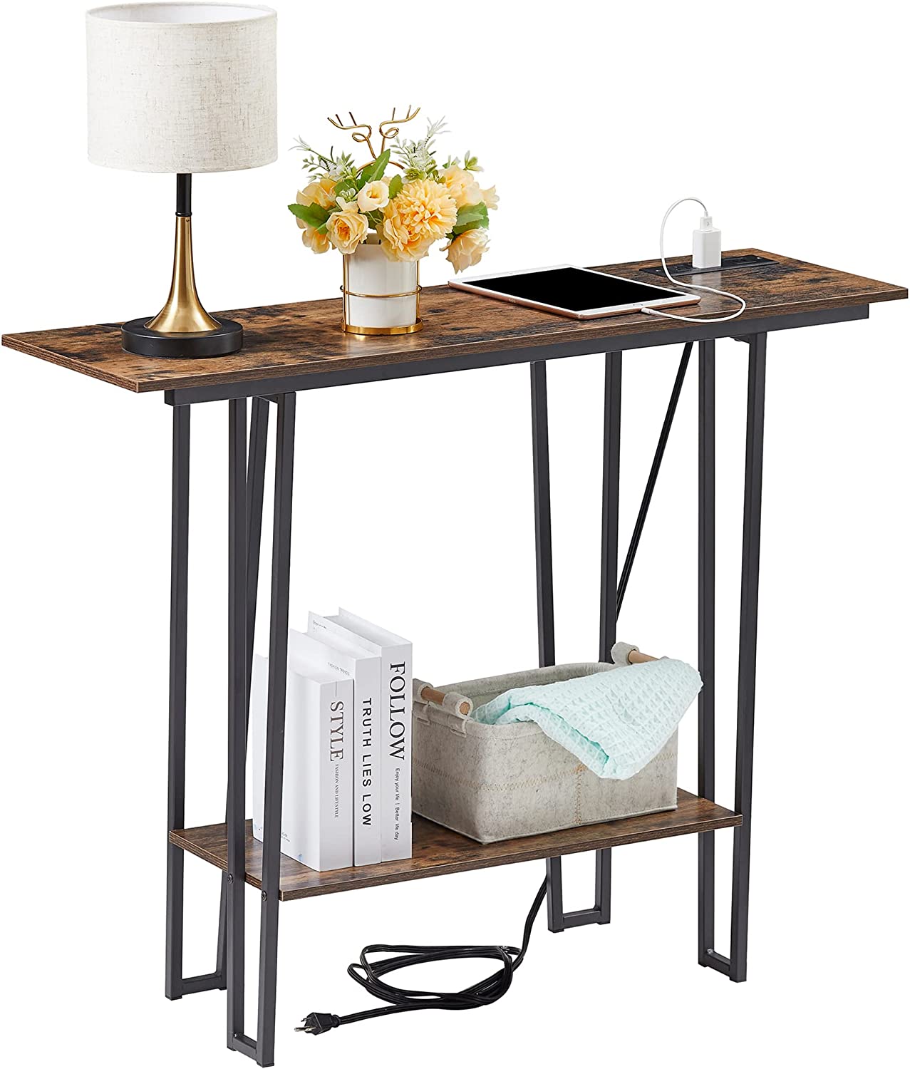 VECELO Couch Side & Console Table with 2 Outlets & 2 USB Ports