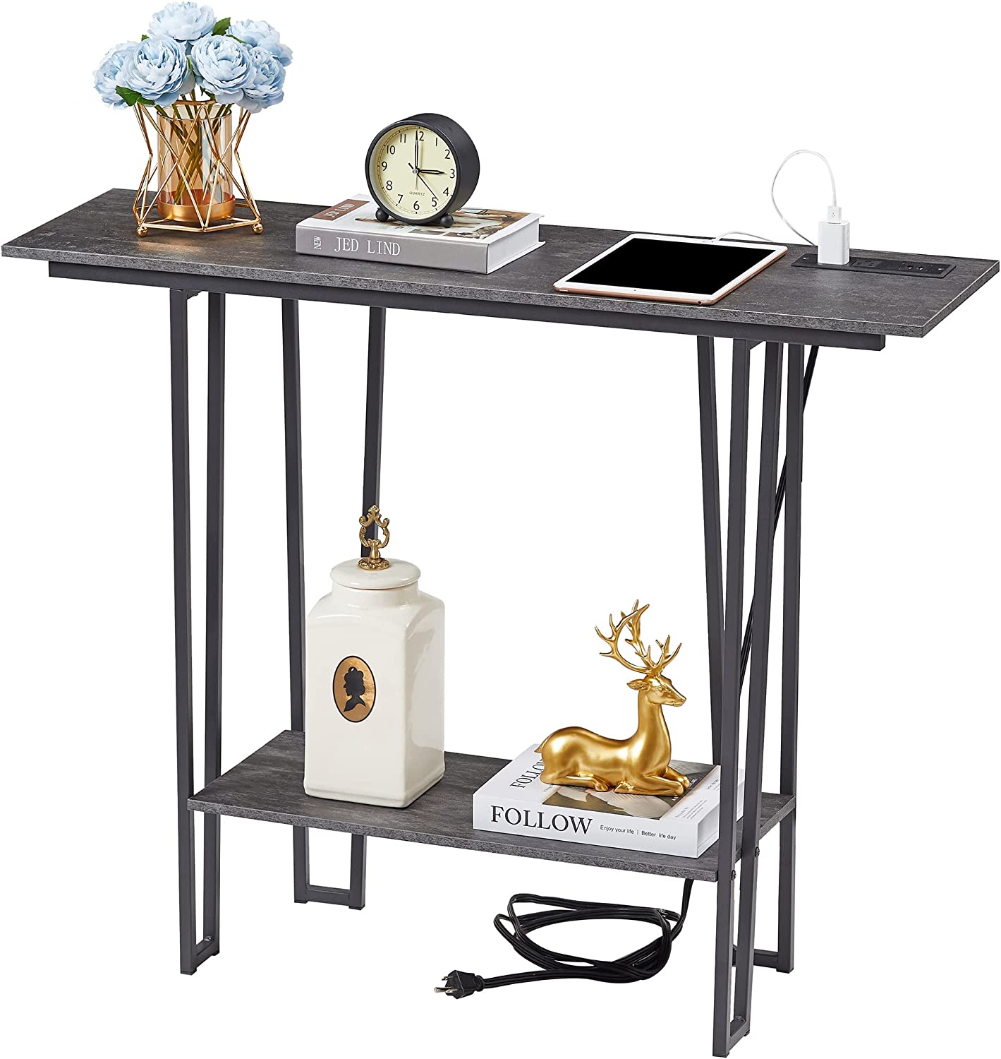 VECELO Couch Side & Console Table with 2 Outlets & 2 USB Ports