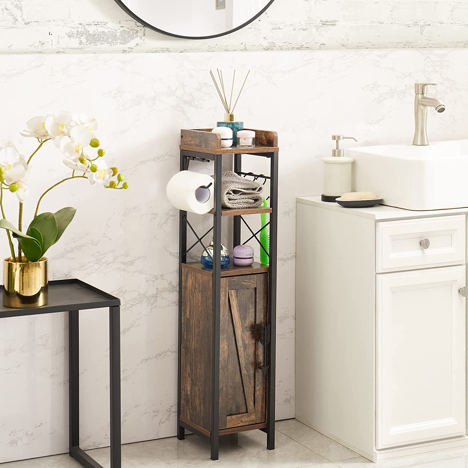 VECELO Small Bathroom Cabinet, Slim Toilet Paper Holder with Door & 2 Shelves