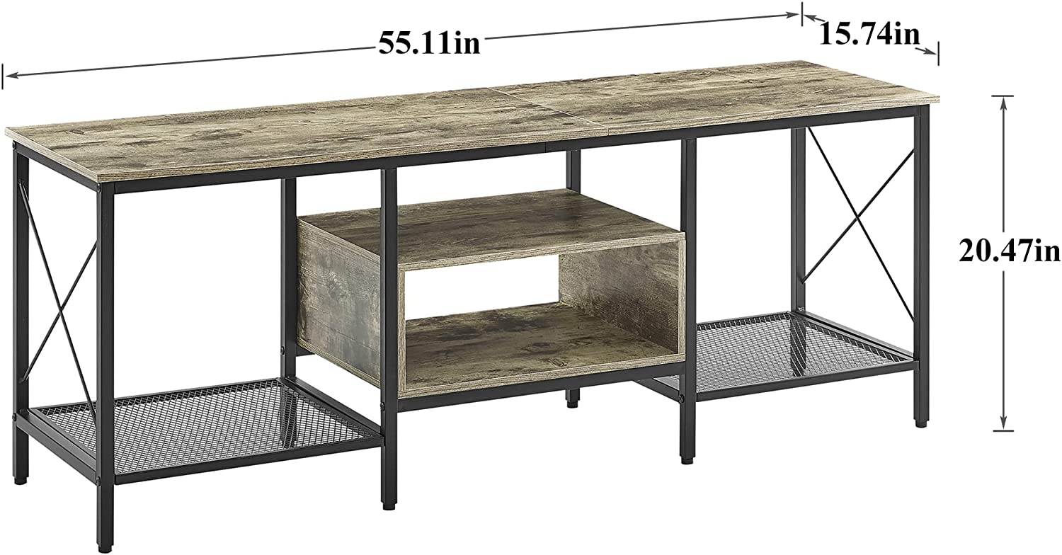 VECELO Industrial TV Stand Television Cabinet 3-Tier Console with Open Storage Shelves, Entertainment Center with Metal Frame for Living Room