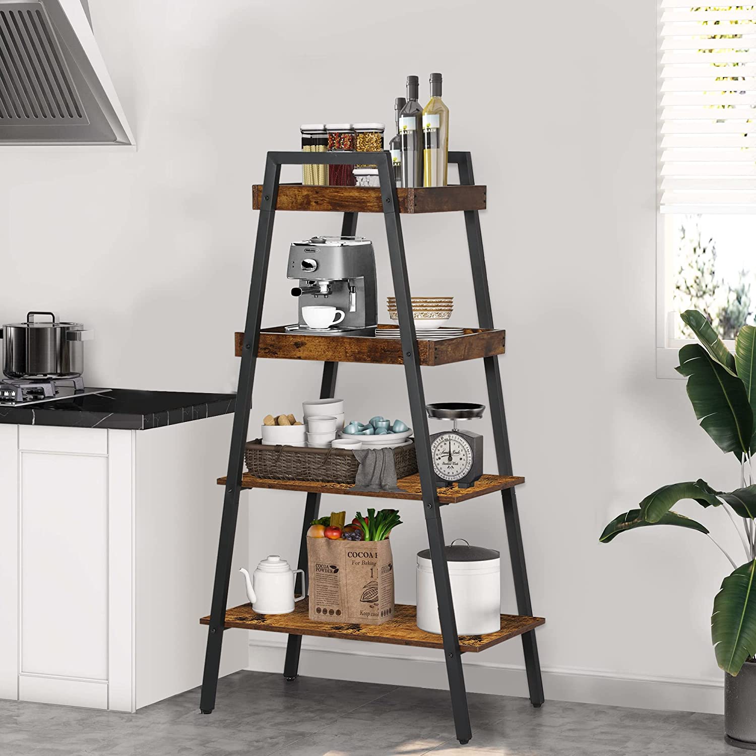 VECELO Ladder Shelf/Display Shelf 4 Tier Storage Bookcase Rack Wood & Steel