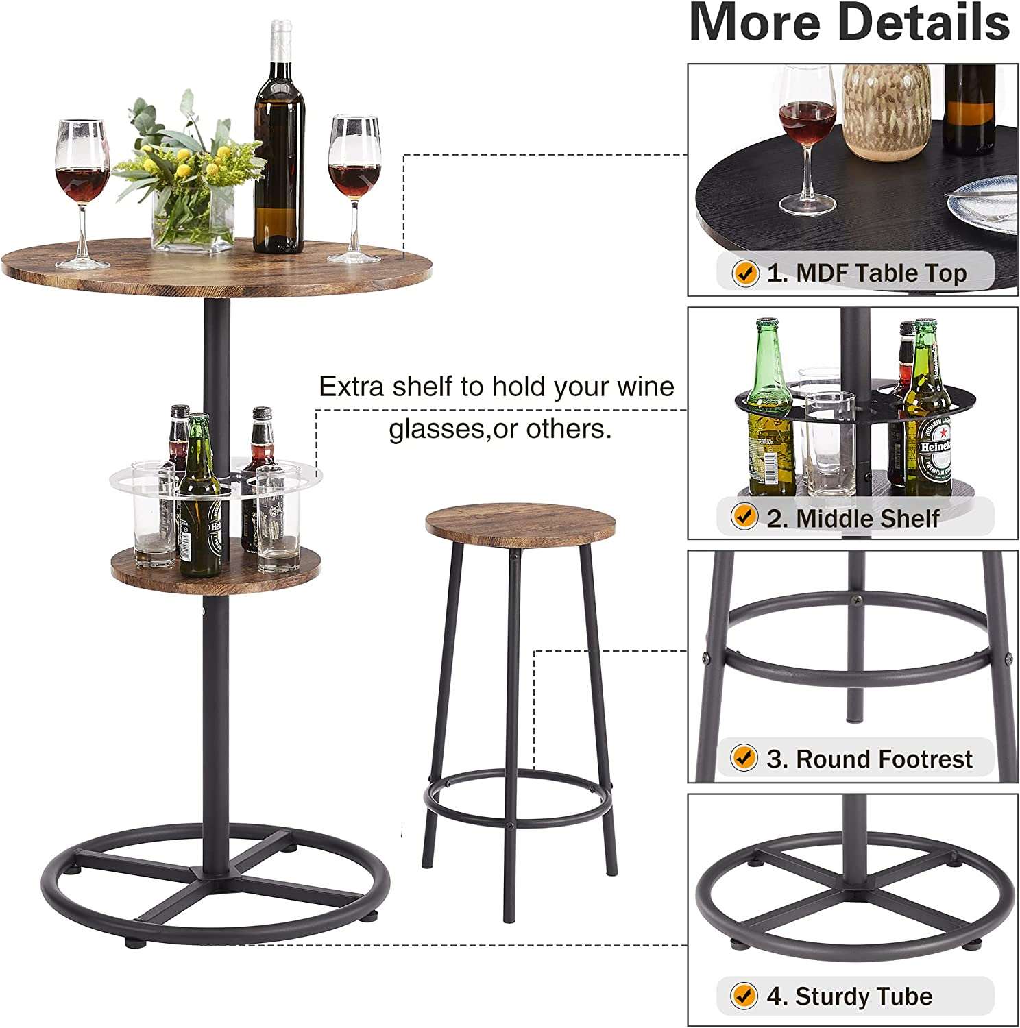 VECELO 3 Piece Bar Dining Set, Small 2-Tier Round Pub Table with Barstools, Kitchen Counter Height Wood Top Bistro for Breakfast Nook