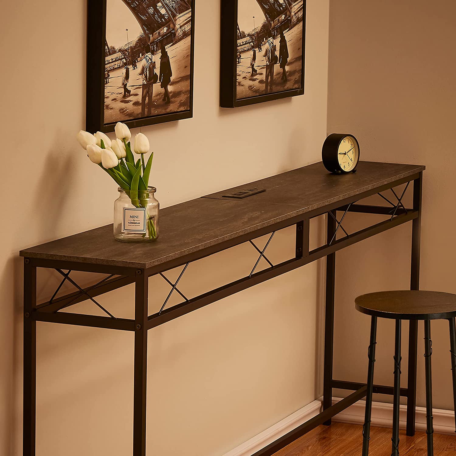 VECELO Extra Long Narrow Sofa/Console Table with Charging Station & Power Outlet and USB Ports