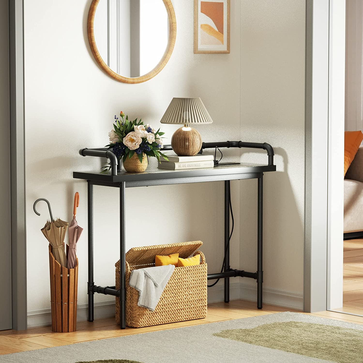 VECELO Extra Long Console/Sofa Table with Charging Station&Power Outle