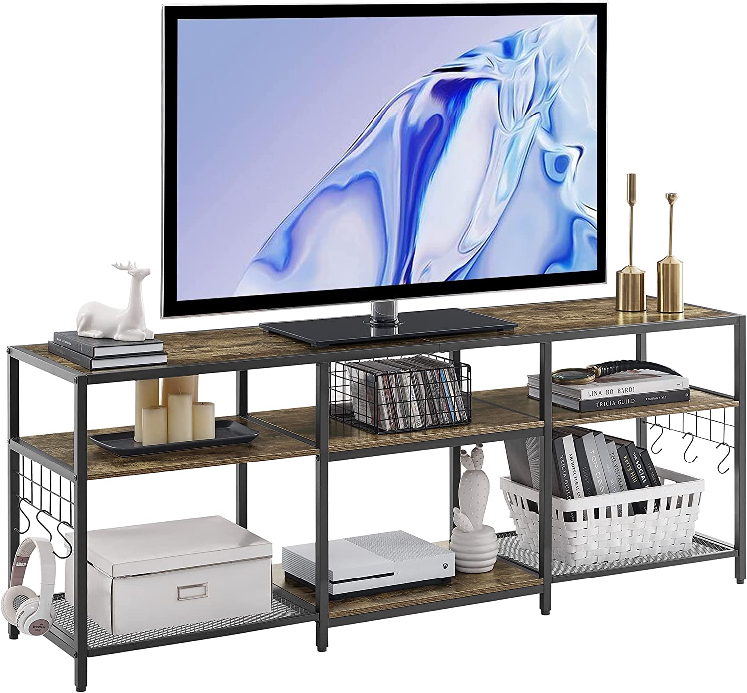 VECELO TV Stand Entertainment Center Media Console with 3-Tier Open Storage Shelves, Cabinet Table for Living Room Brown